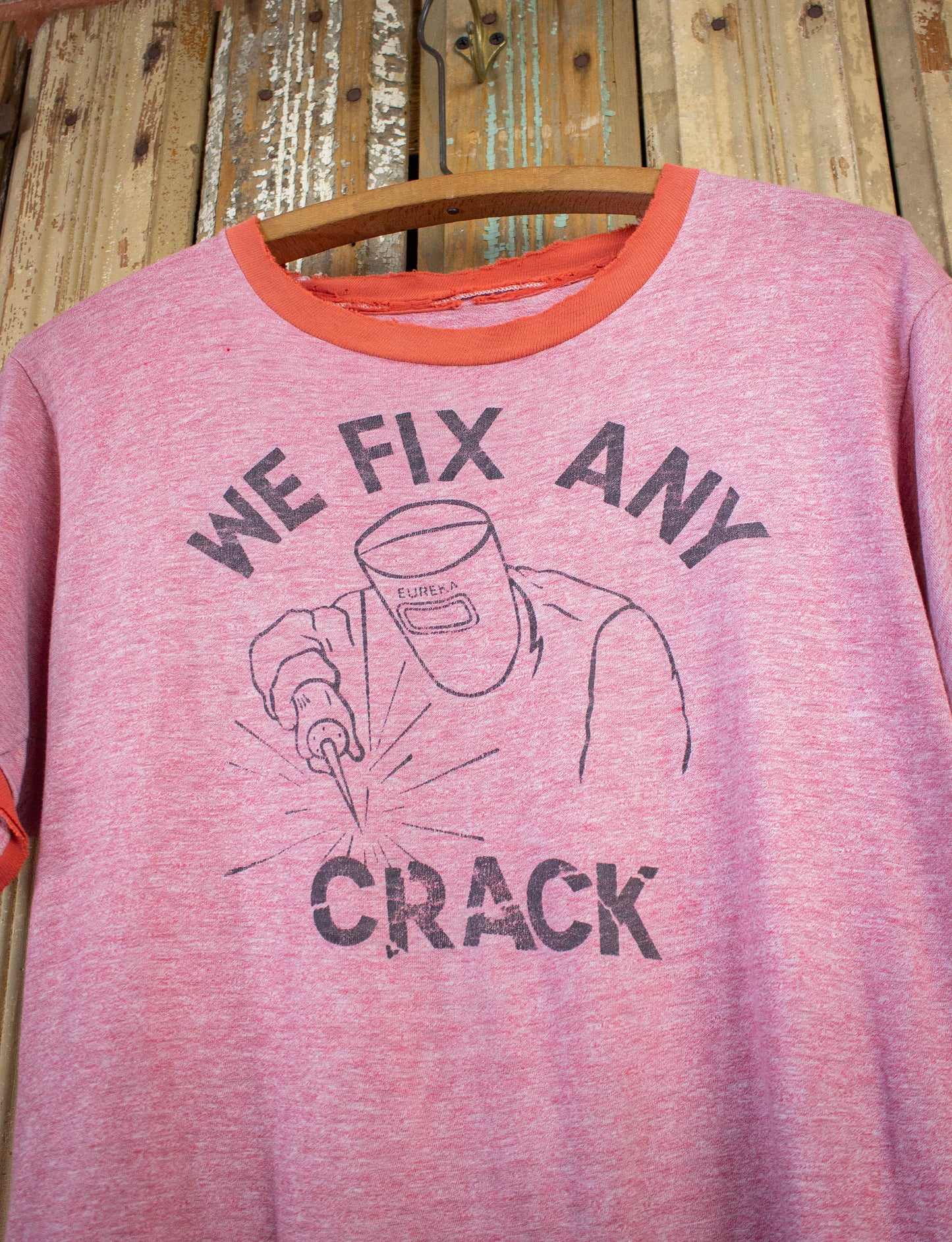 Vintage Eureka Welding We Fix Any Crack Graphic Ringer T Shirt 70s Red Medium