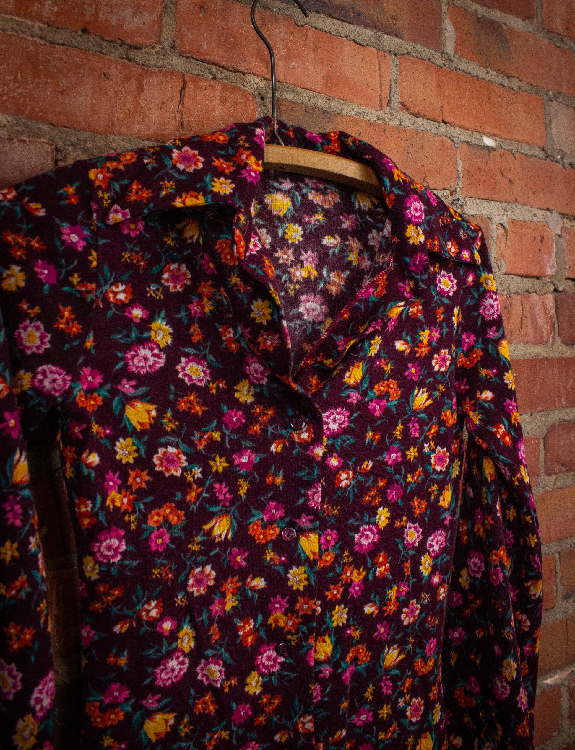 Vintage Floral Button Up Shirt 70s Maroon/Pink XS