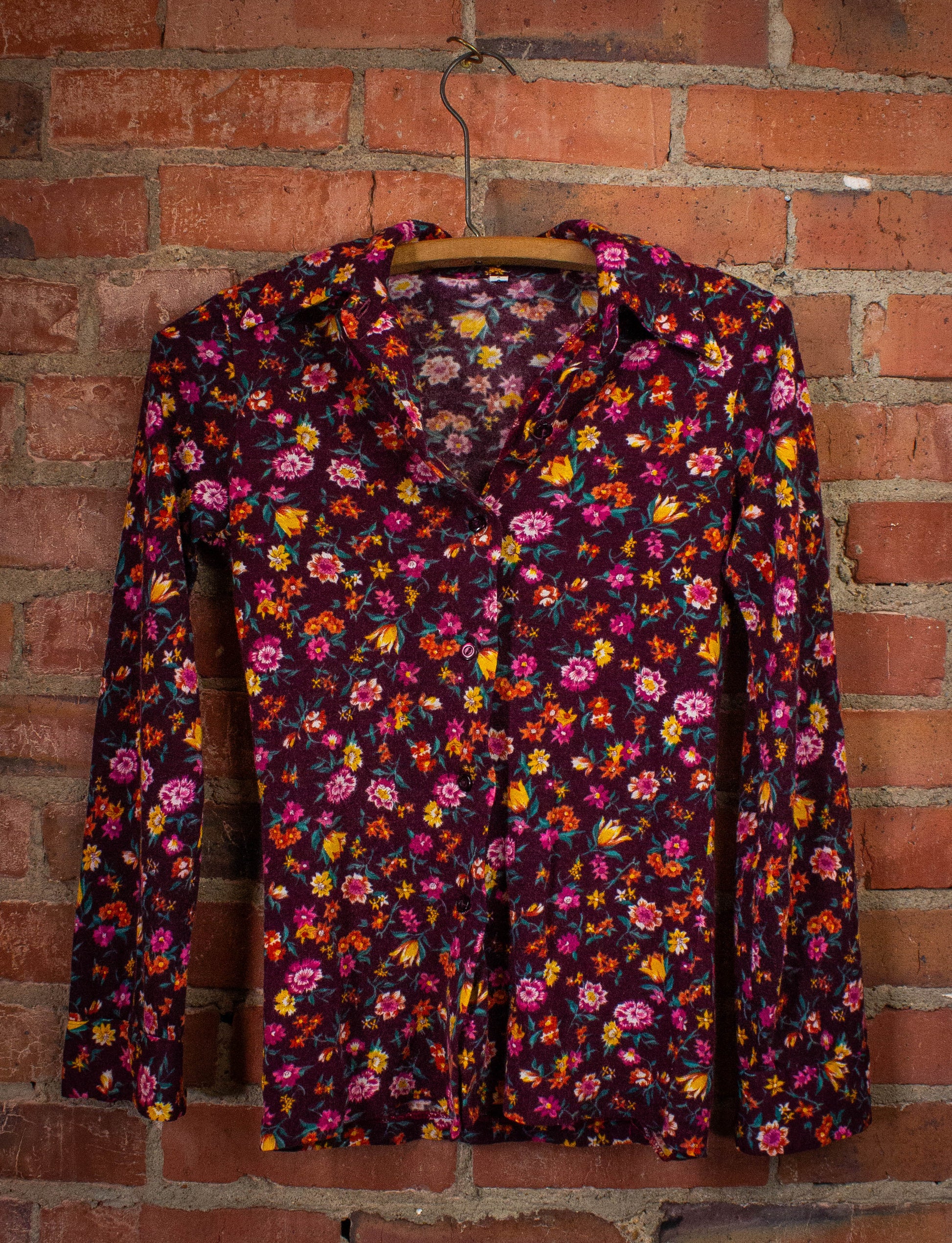 Vintage Floral Button Up Shirt 70s Maroon/Pink XS