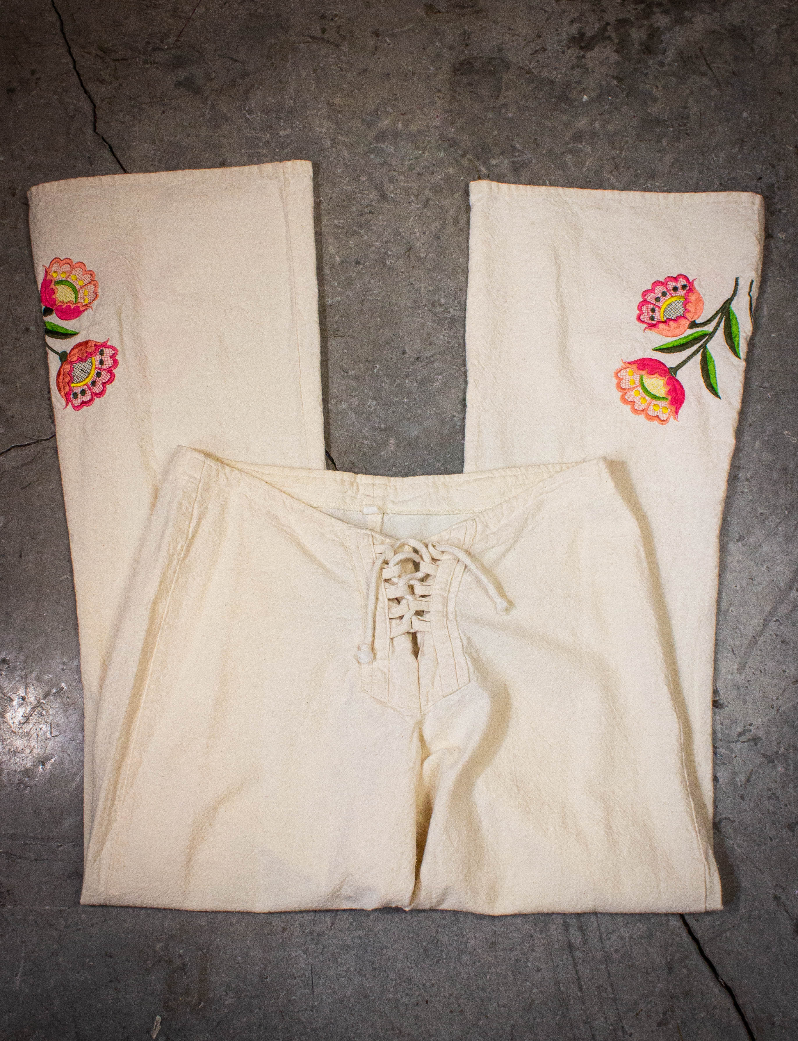 Vintage Flower Embroidered Lace Up Bell Bottoms Pants 70s White