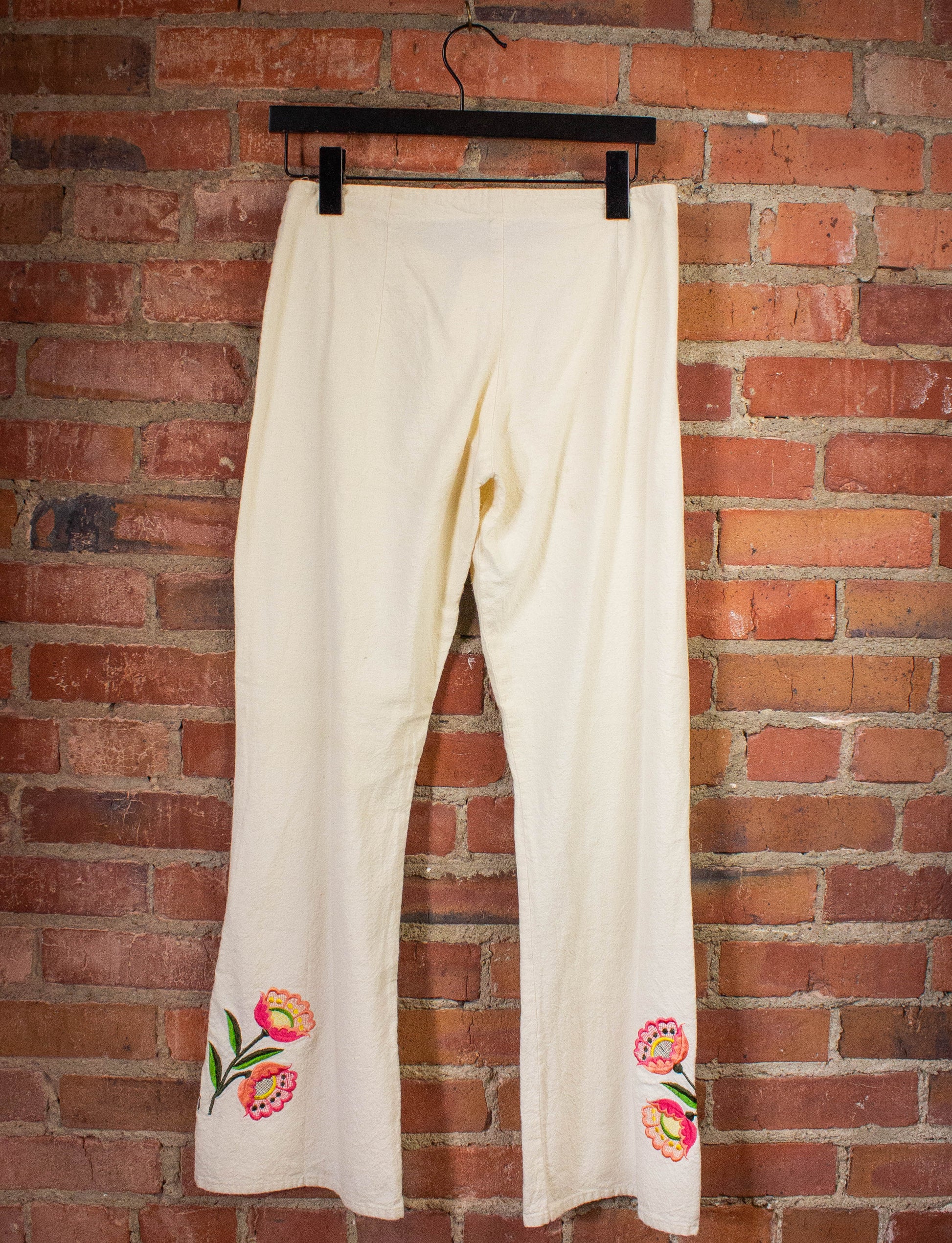 Vintage Flower Embroidered Lace Up Bell Bottoms Pants 70s White 28x29 –  Black Shag Vintage
