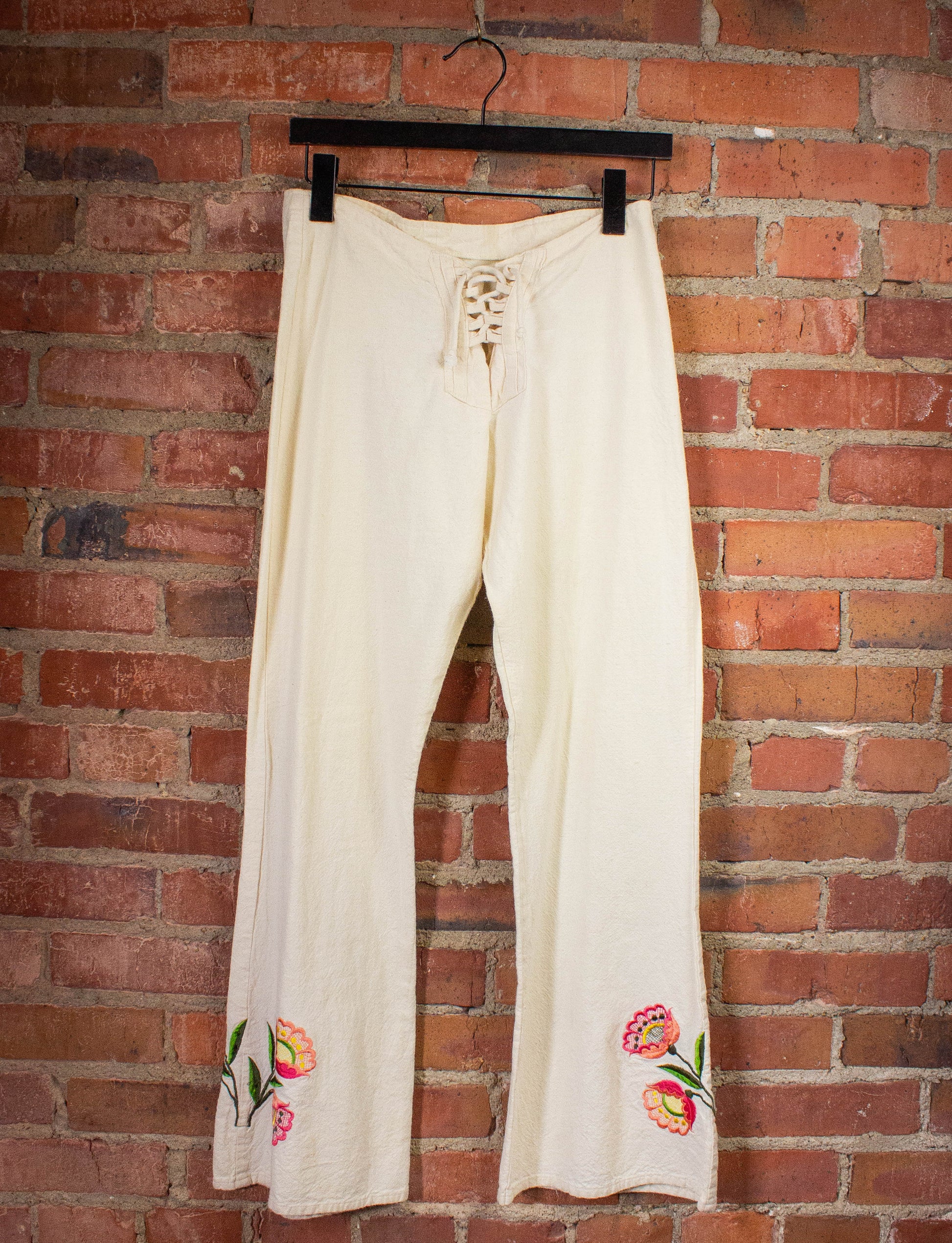 Vintage Flower Embroidered Lace Up Bell Bottoms Pants White 70s 28x29