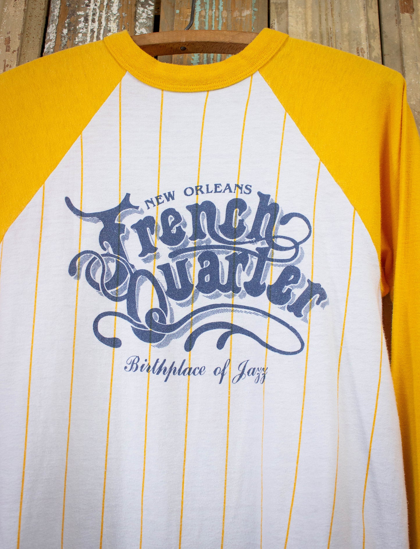 Vintage French Quarter Raglan Graphic T Shirt 80s White/Yellow XS