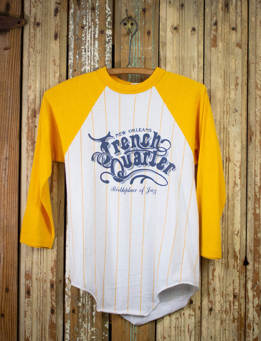 Vintage French Quarter Raglan Graphic T Shirt 80s White/Yellow XS