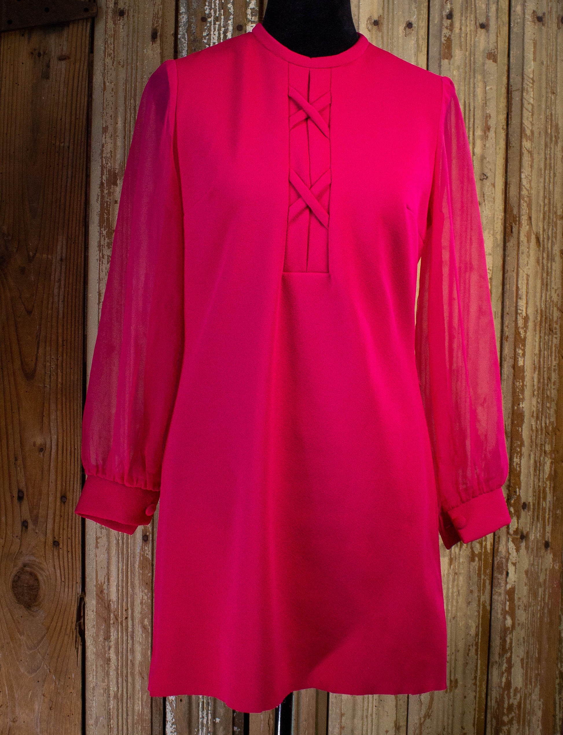 Vintage Fuchsia Sheer Sleeve Mini Dress 1970s M Vintage Fuchsia Sheer Sleeve Mini Dress 1970s M