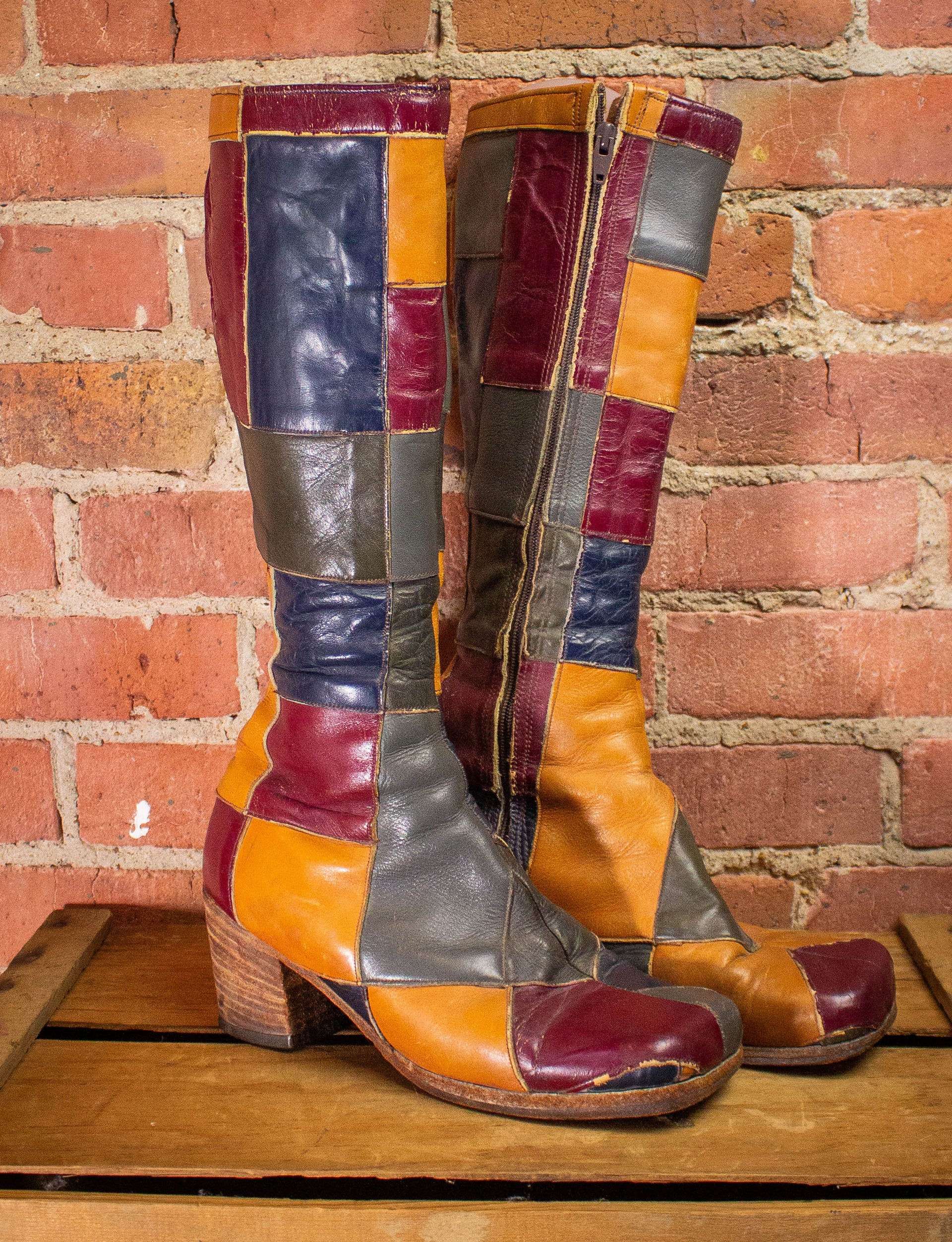 Vintage Granny Takes A Trip Patchwork Leather Platform Boots 70s 