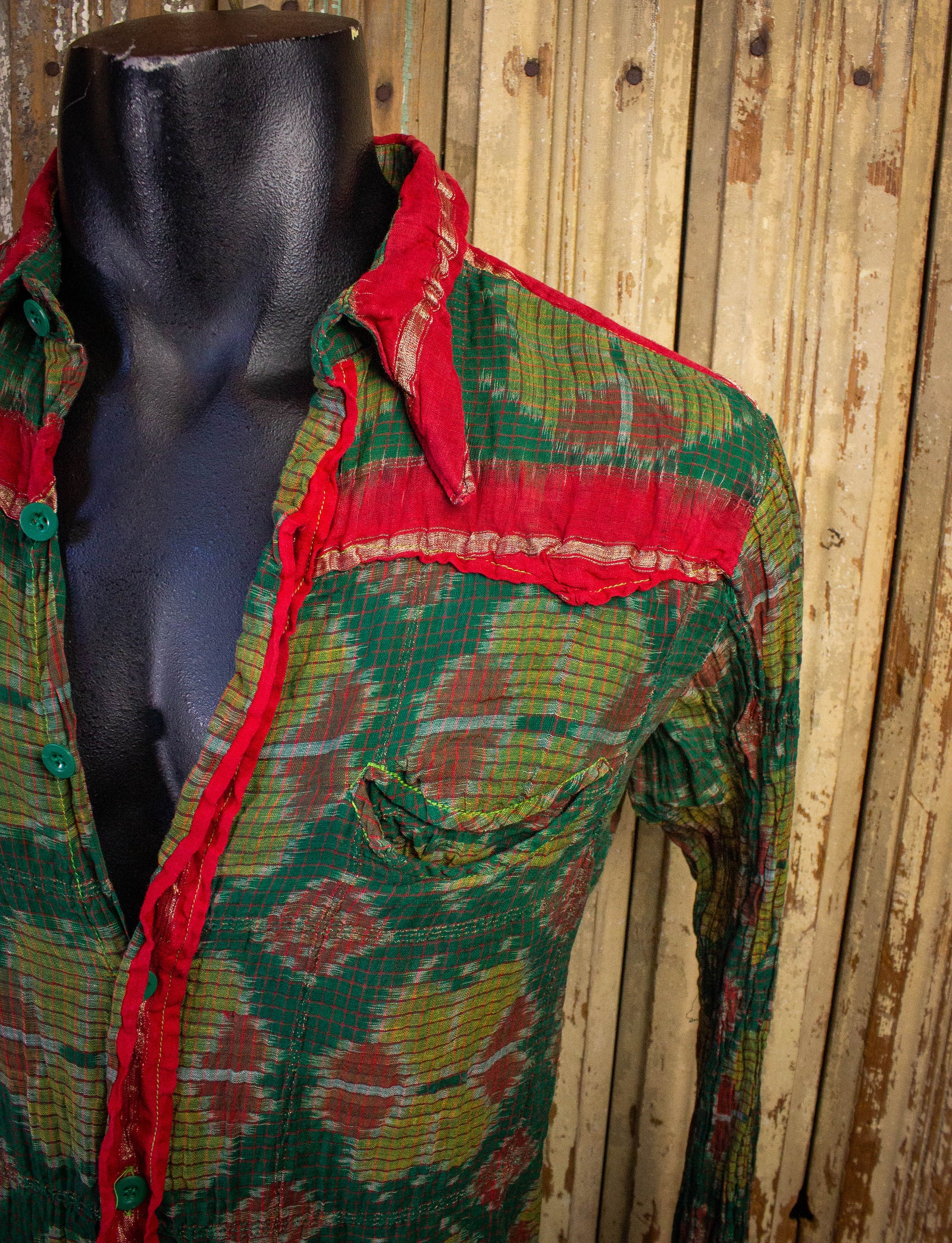 Vintage Gentleman John Button Up Shirt 70s Green/Red Medium