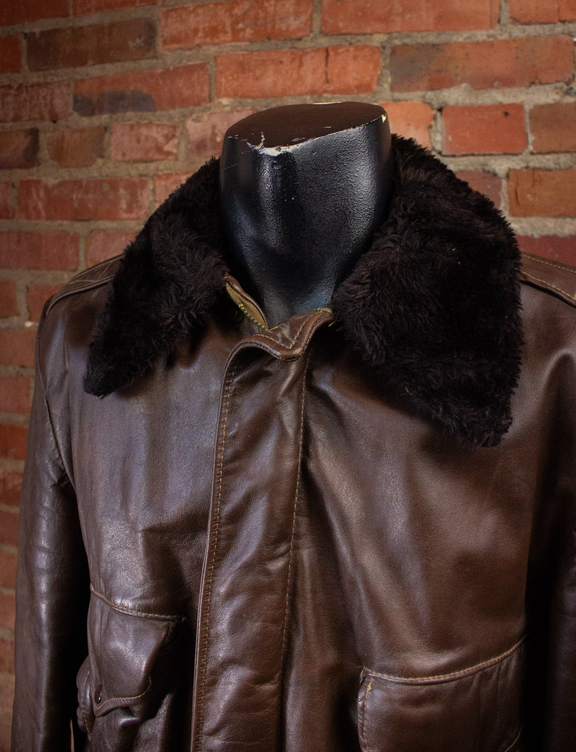 Vintage Genuine Leather Brown Bomber Jacket with Fur Collar Large