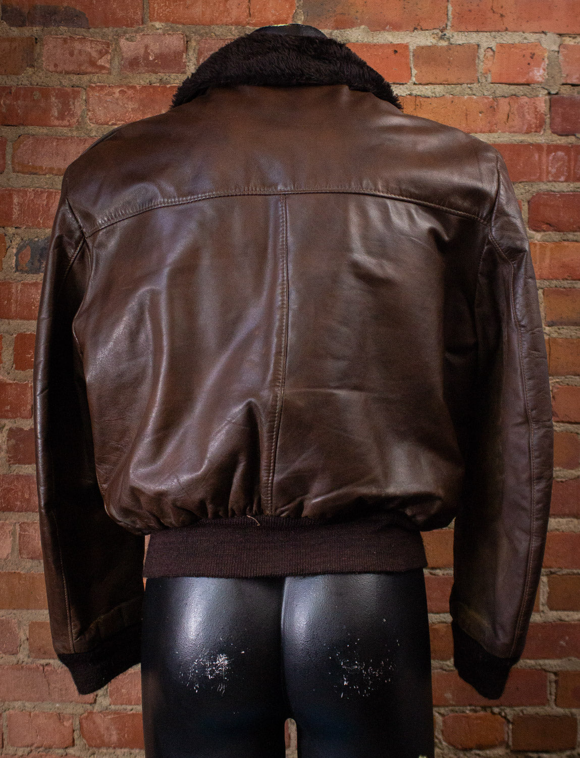 Vintage Genuine Leather Brown Bomber Jacket with Fur Collar Large