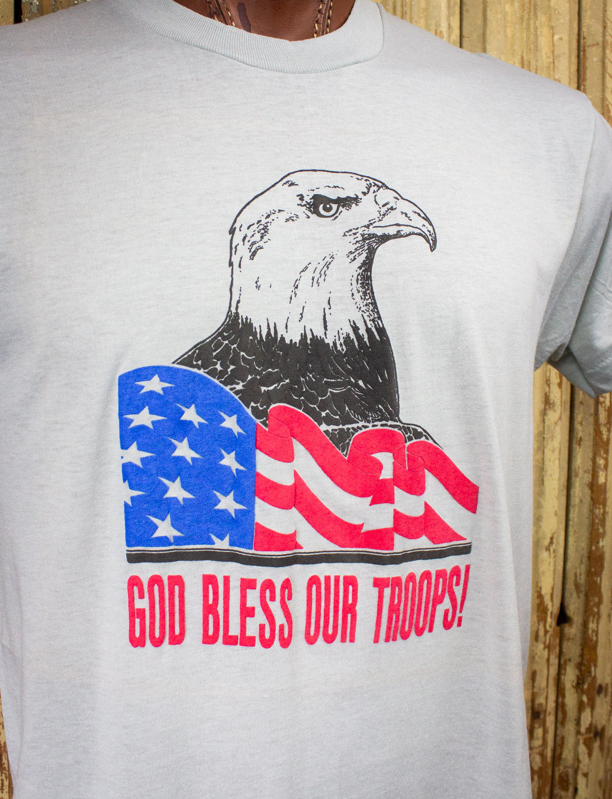 Vintage God Bless Our Troops Graphic T Shirt 80s Gray Large