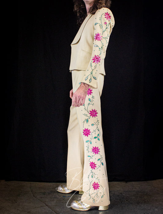Vintage Granny Takes A Trip Cream Floral Sequined Suit 70s Owned By Keith West (The Brats)