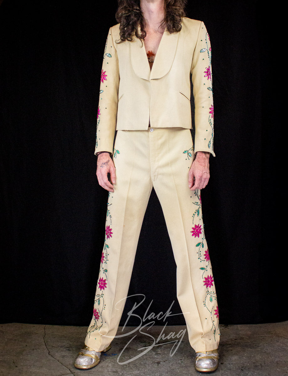 Vintage Granny Takes A Trip Cream Floral Sequined Suit 70s Owned By Keith West (The Brats)