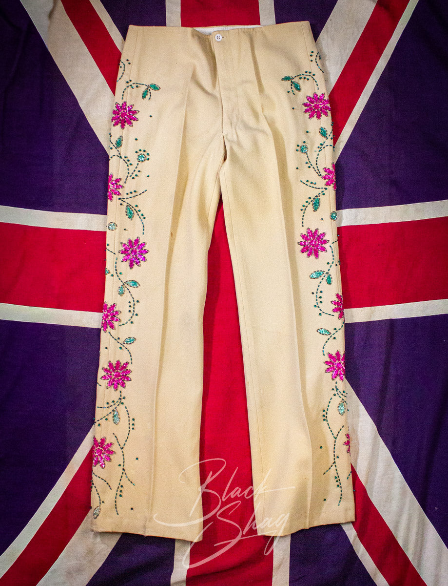 Vintage Granny Takes A Trip Cream Floral Sequined Suit 70s Owned By Keith West (The Brats)