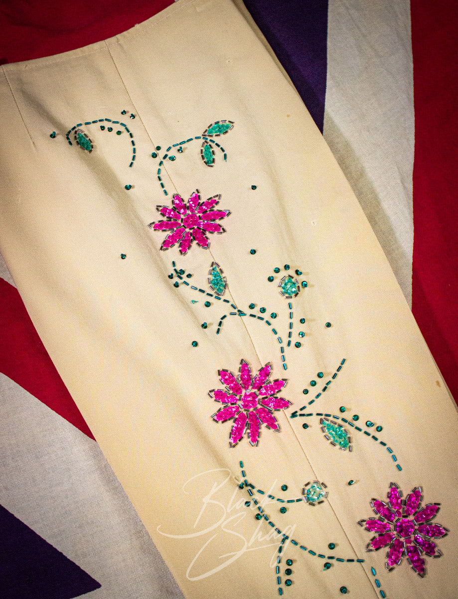 Vintage Granny Takes A Trip Cream Floral Sequined Suit 70s Owned By Keith West (The Brats)