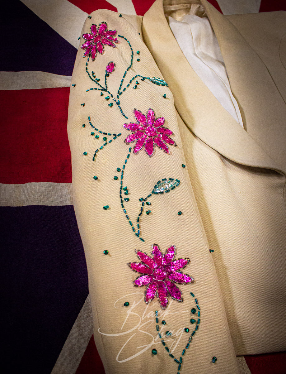 Vintage Granny Takes A Trip Cream Floral Sequined Suit 70s Owned By Keith West (The Brats)