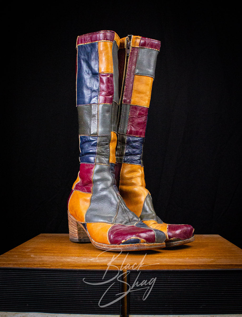 Vintage Granny Takes A Trip Patchwork Leather Boots 70s 8.5