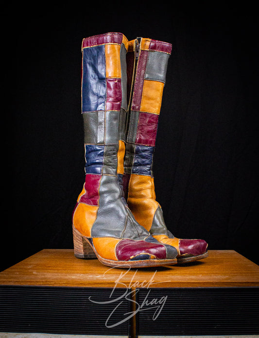 Vintage Granny Takes A Trip Patchwork Leather Boots 70s 8.5