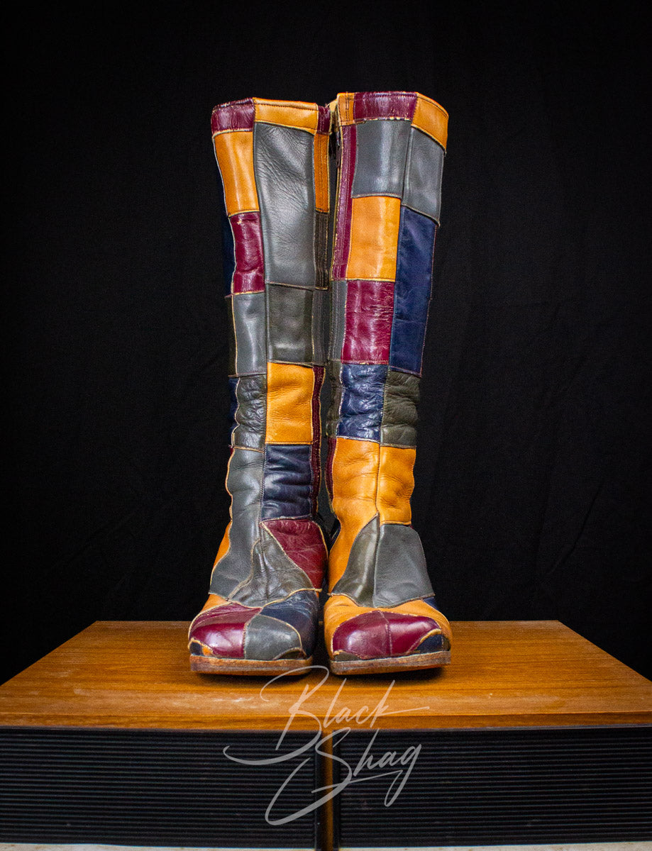 Vintage Granny Takes A Trip Patchwork Leather Boots 70s 8.5