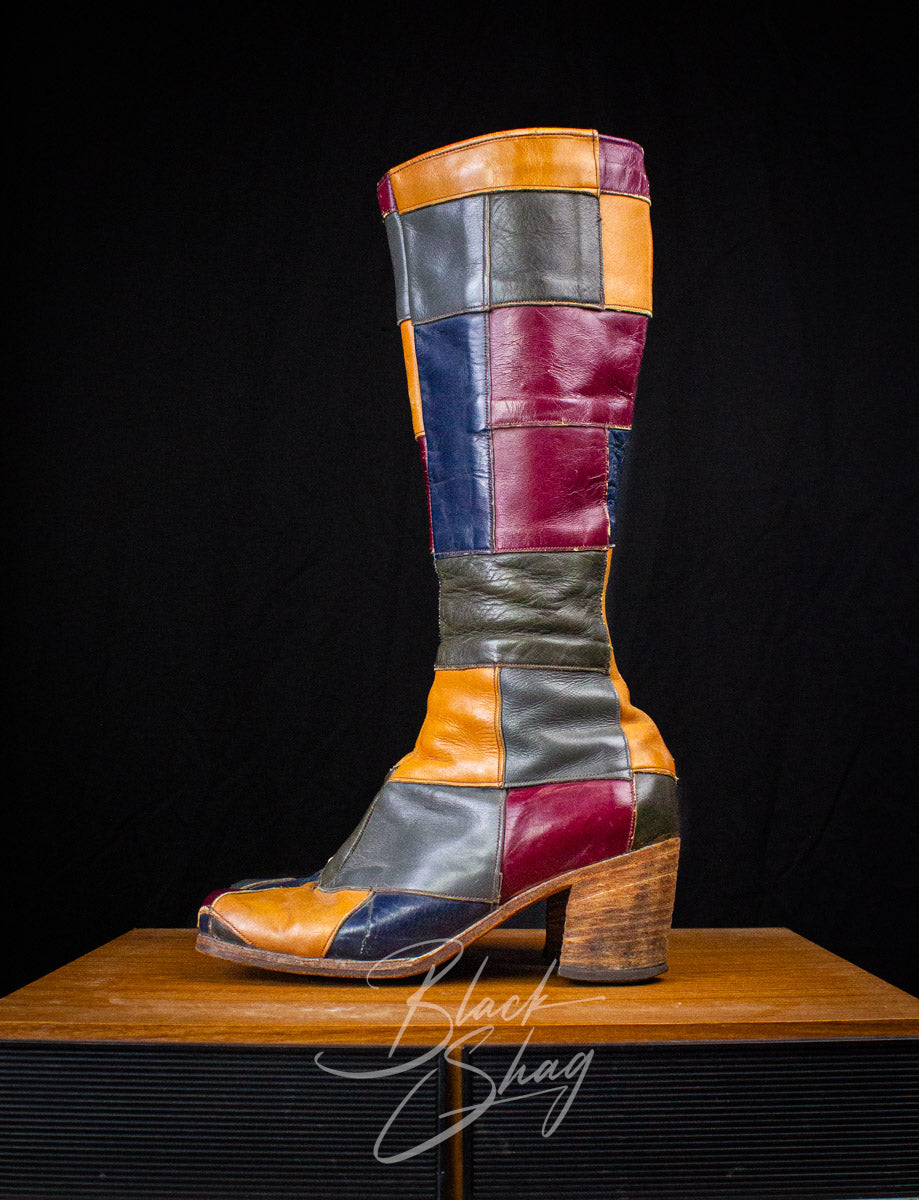 Vintage Granny Takes A Trip Patchwork Leather Boots 70s 8.5
