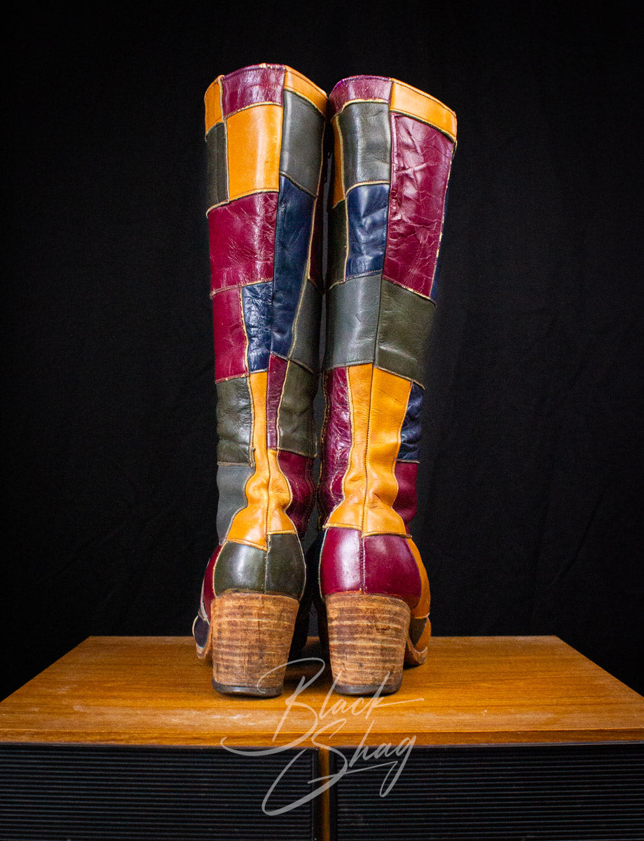 Vintage Granny Takes A Trip Patchwork Leather Boots 70s 8.5