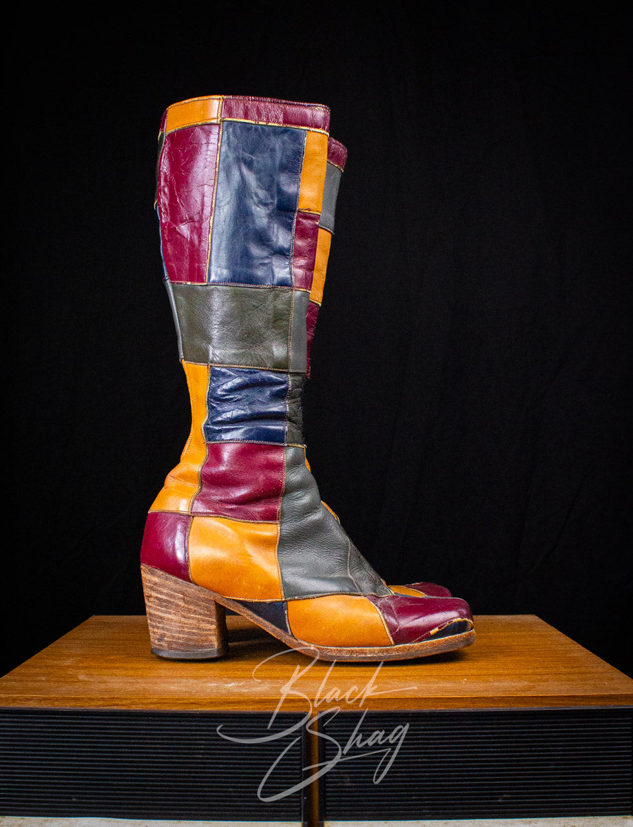 Vintage Granny Takes A Trip Patchwork Leather Boots 70s 8.5
