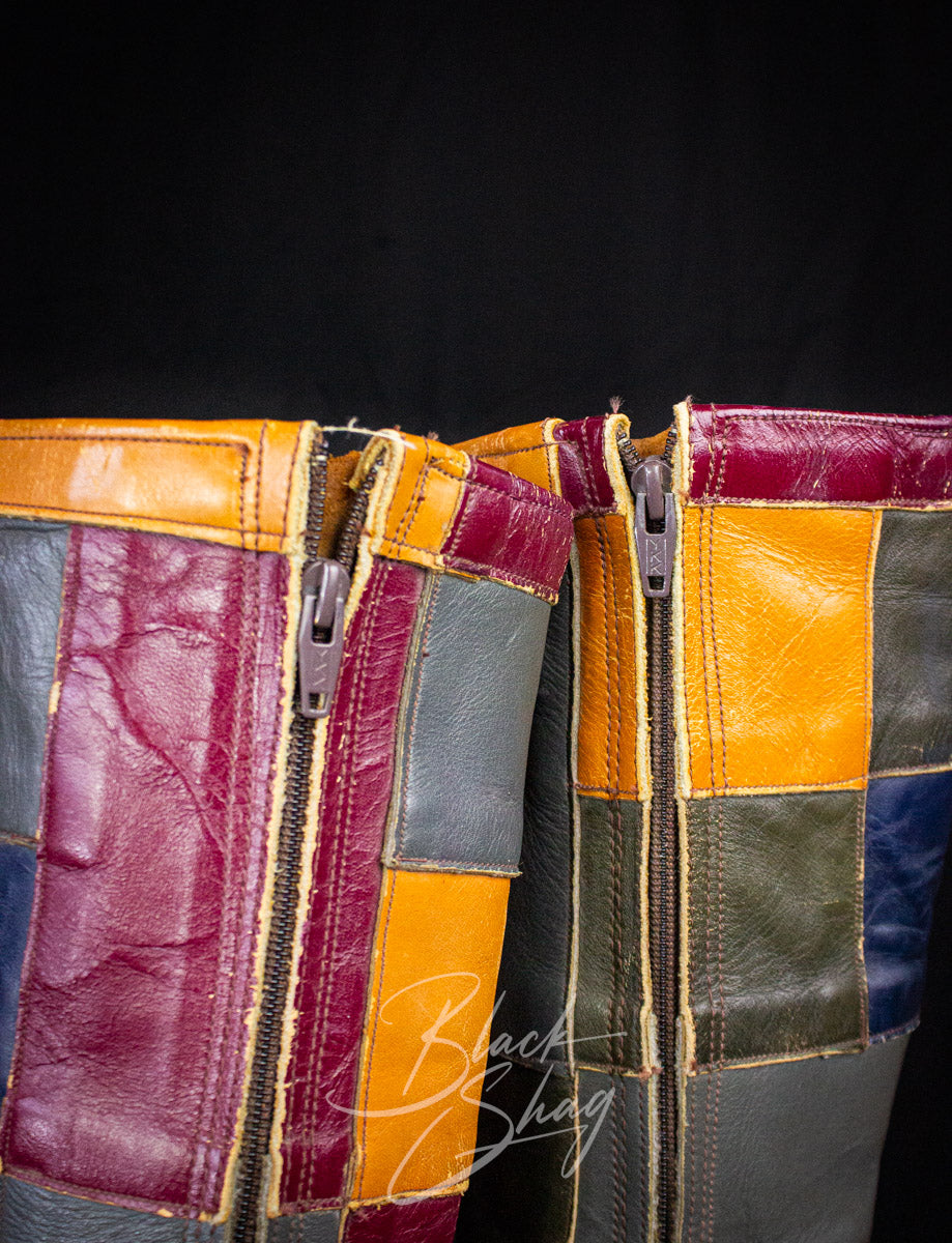 Vintage Granny Takes A Trip Patchwork Leather Boots 70s 8.5