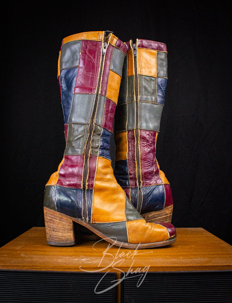 Vintage Granny Takes A Trip Patchwork Leather Boots 70s 8.5