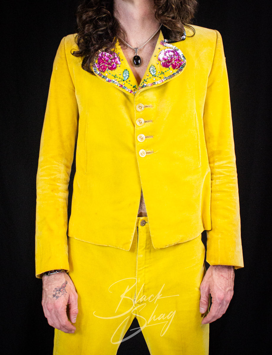 Vintage Granny Takes A Trip Yellow Velvet Sequined Suit 70s Owned