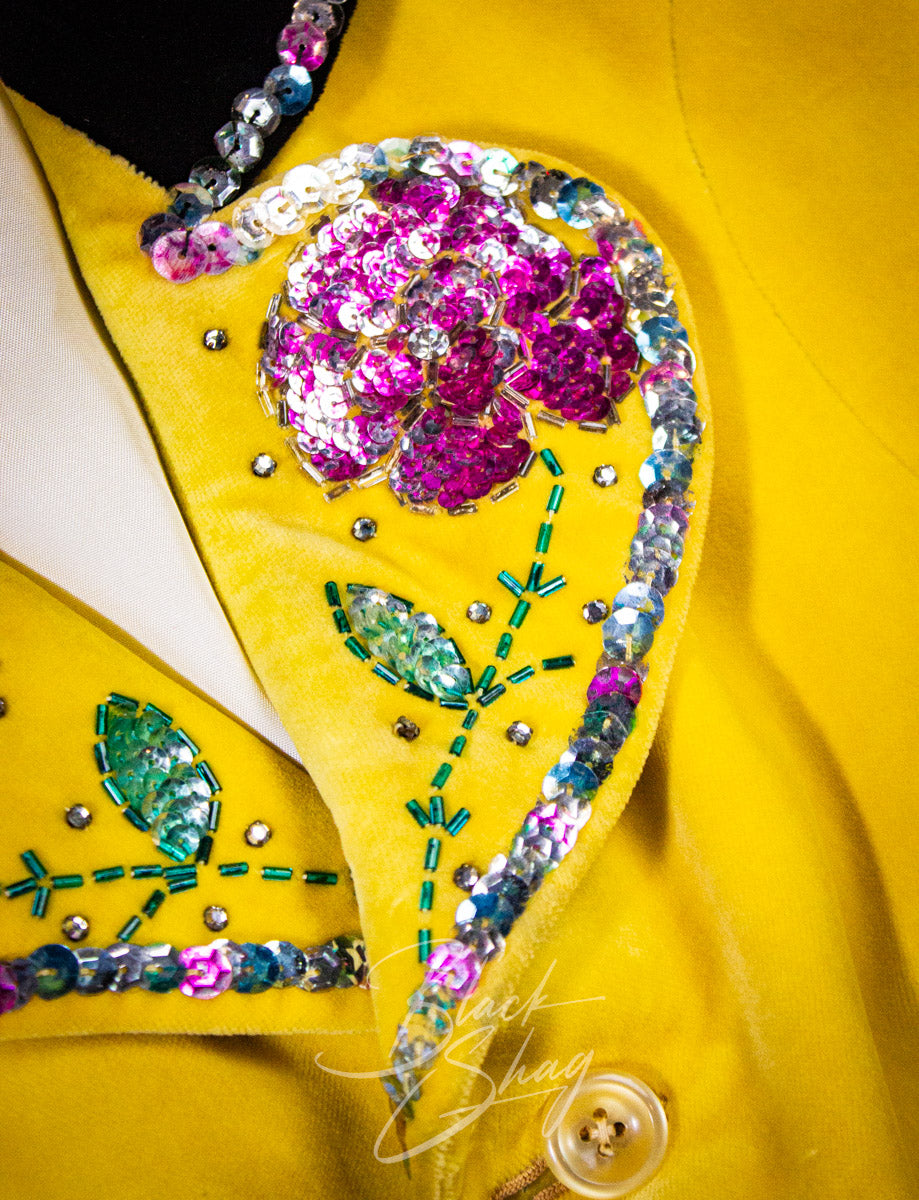 Vintage Granny Takes A Trip Yellow Velvet Sequined Suit 70s Owned