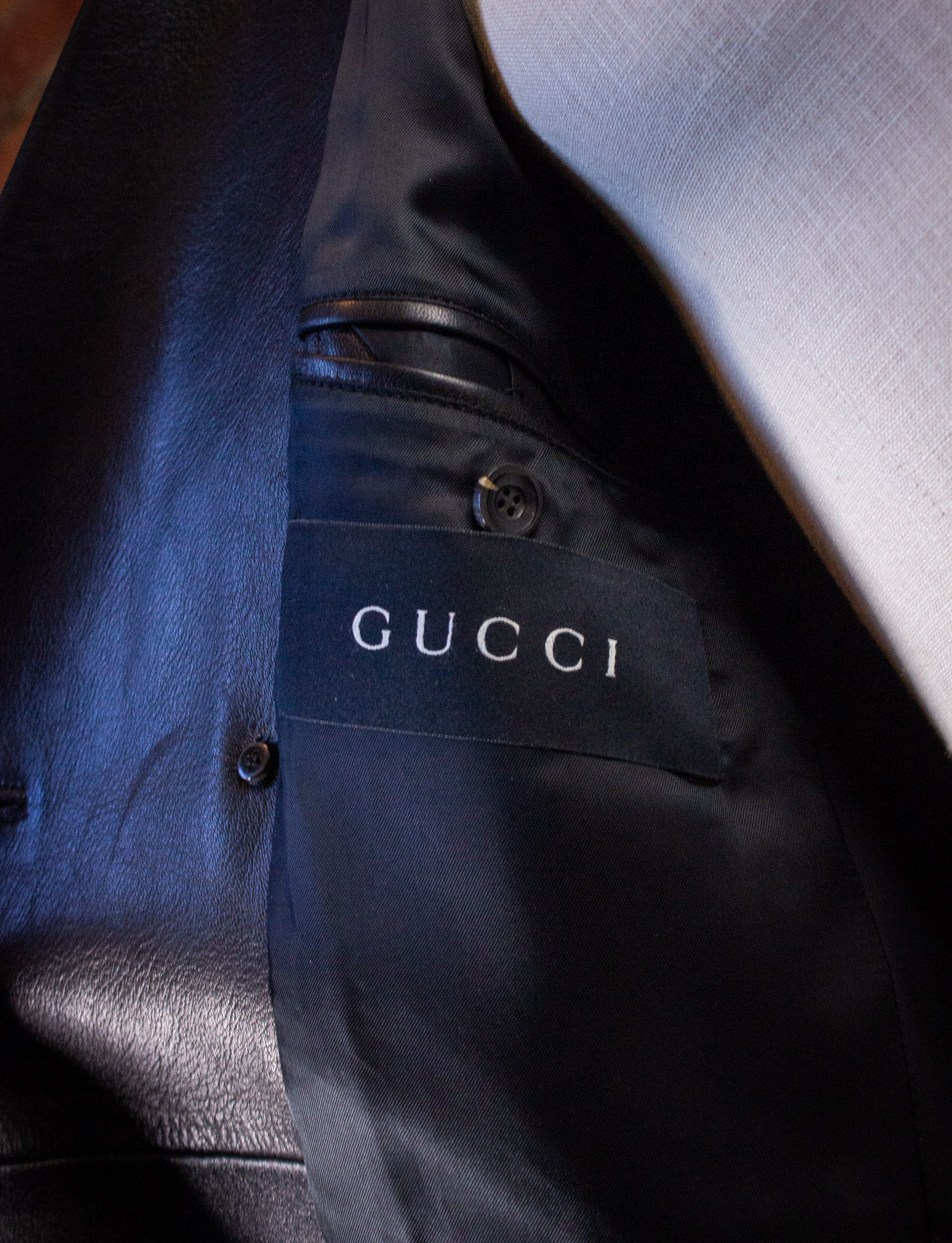 Vintage Gucci Double Breasted Black Leather Coat Tom Ford Era Y2K