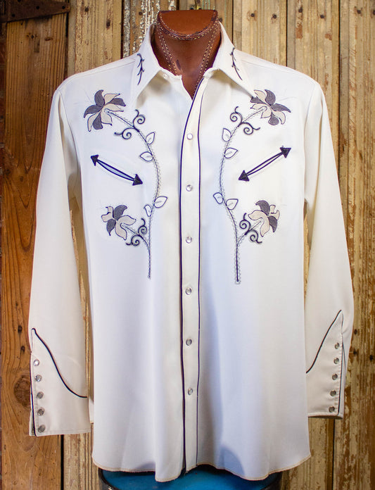 Vintage H Bar C Pearl Snap Embroidered Western Shirt 70s White XL