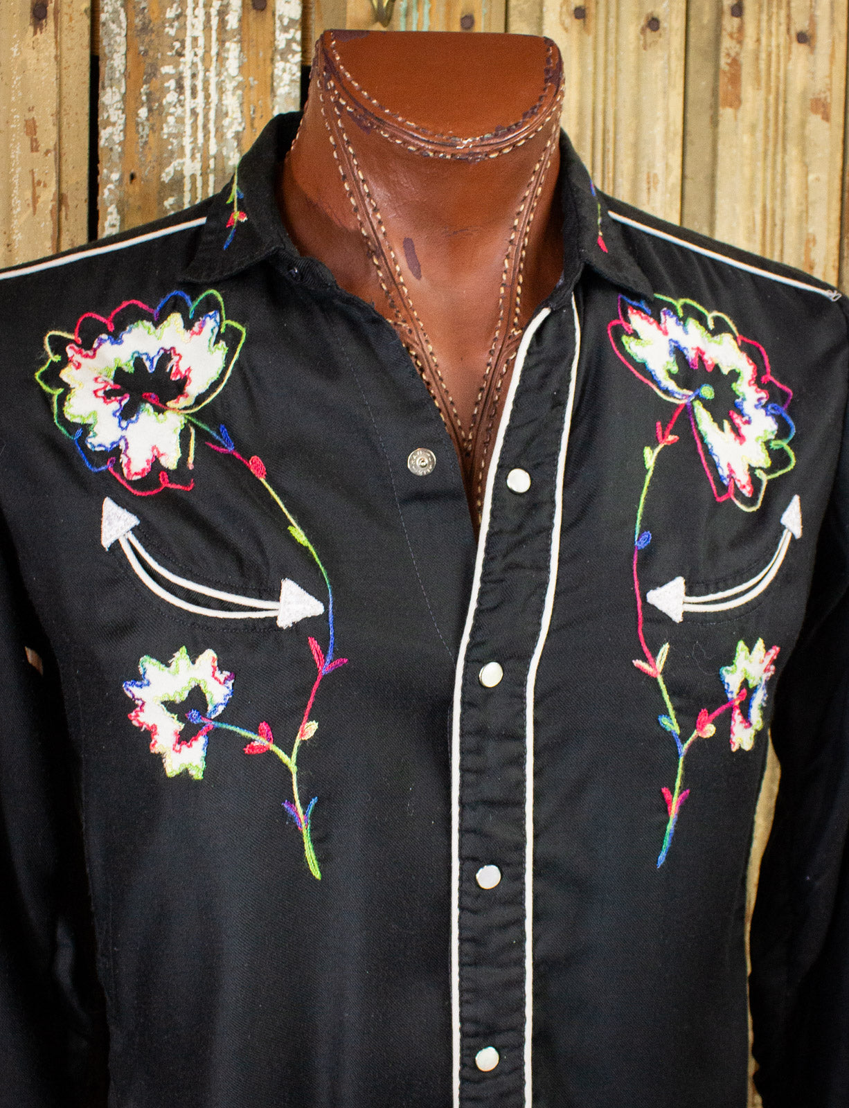 Vintage H Bar C Rainbow Stitch Pearl Snap Western Shirt 70s Black Large