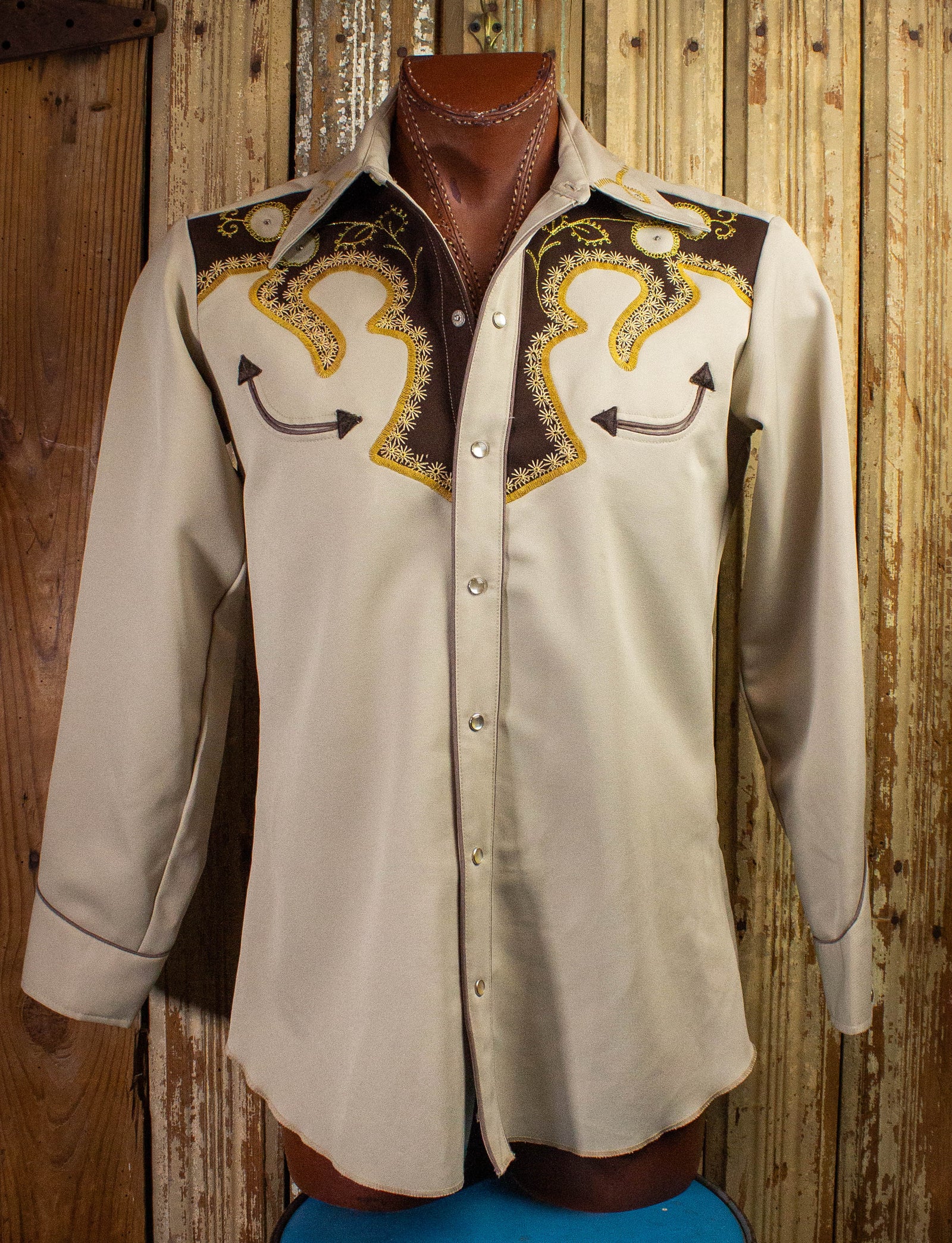 Vintage H Bar C Western Pearl Snap 1970s Embroidered Tan and Brown Large