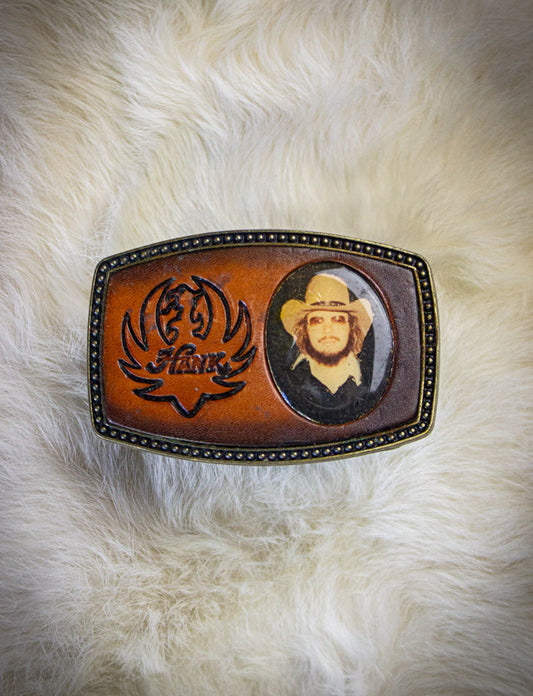 Vintage Hank Williams Jr. Tooled Leather Belt Buckle