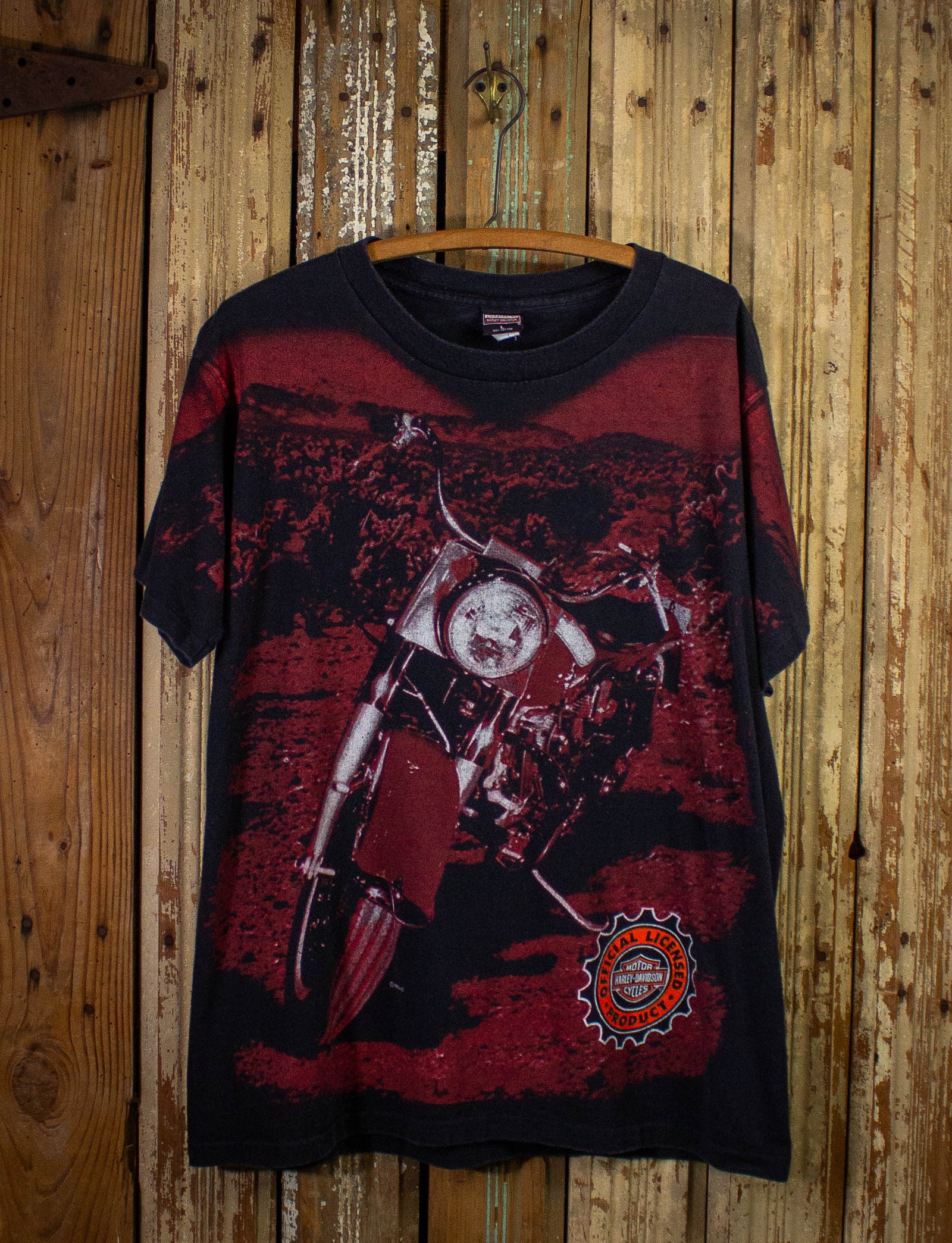 Vintage Harley Davidson AOP Bike Image Graphic T Shirt 1996 Black Large