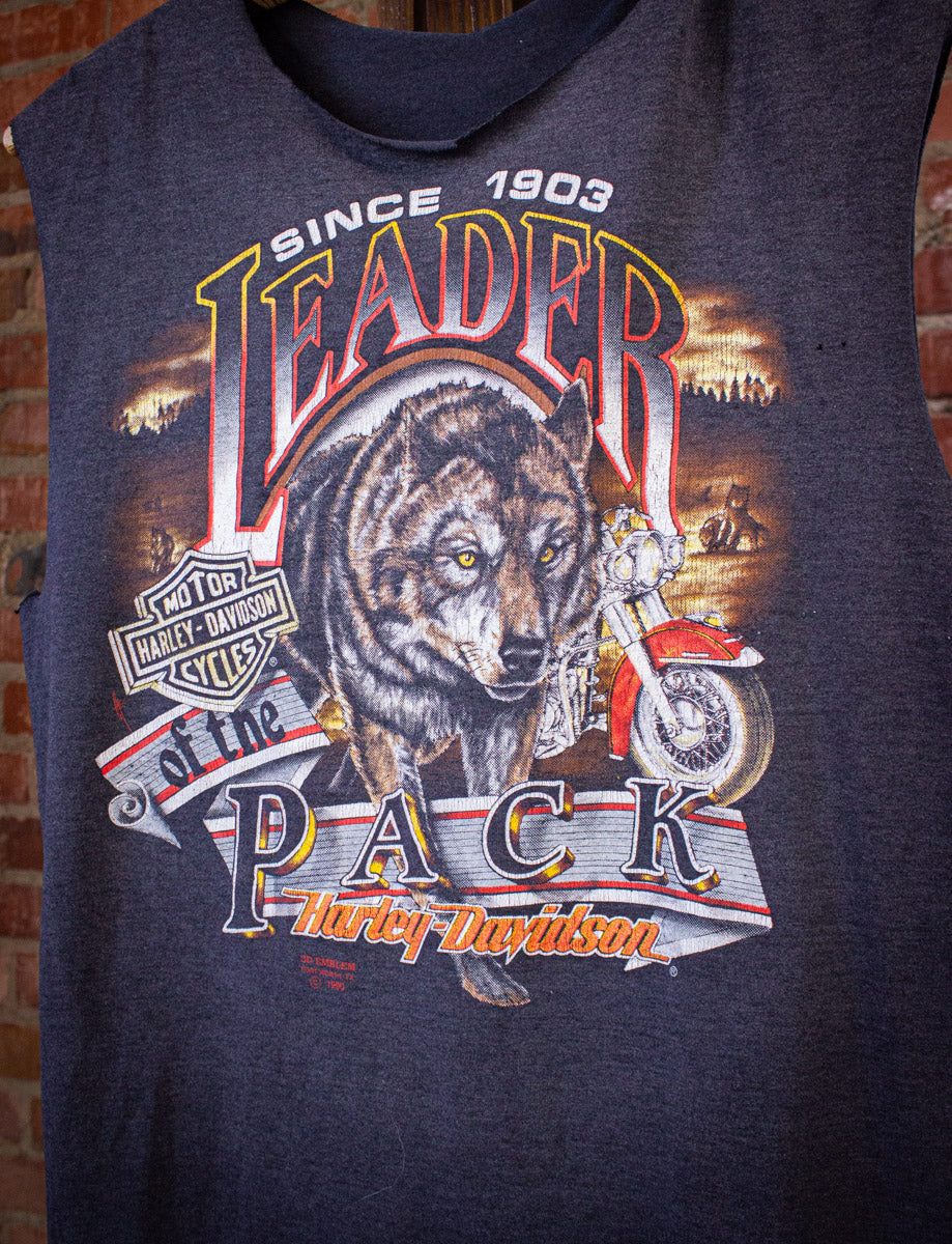 Vintage Harley Davidson Leader of The Pack Cut Off Graphic T Shirt 1990 Black Medium