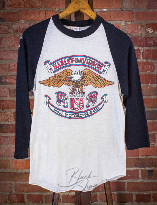 Vintage Harley Davidson Maui Motorcycle Co. Raglan Graphic T Shirt 80s XS