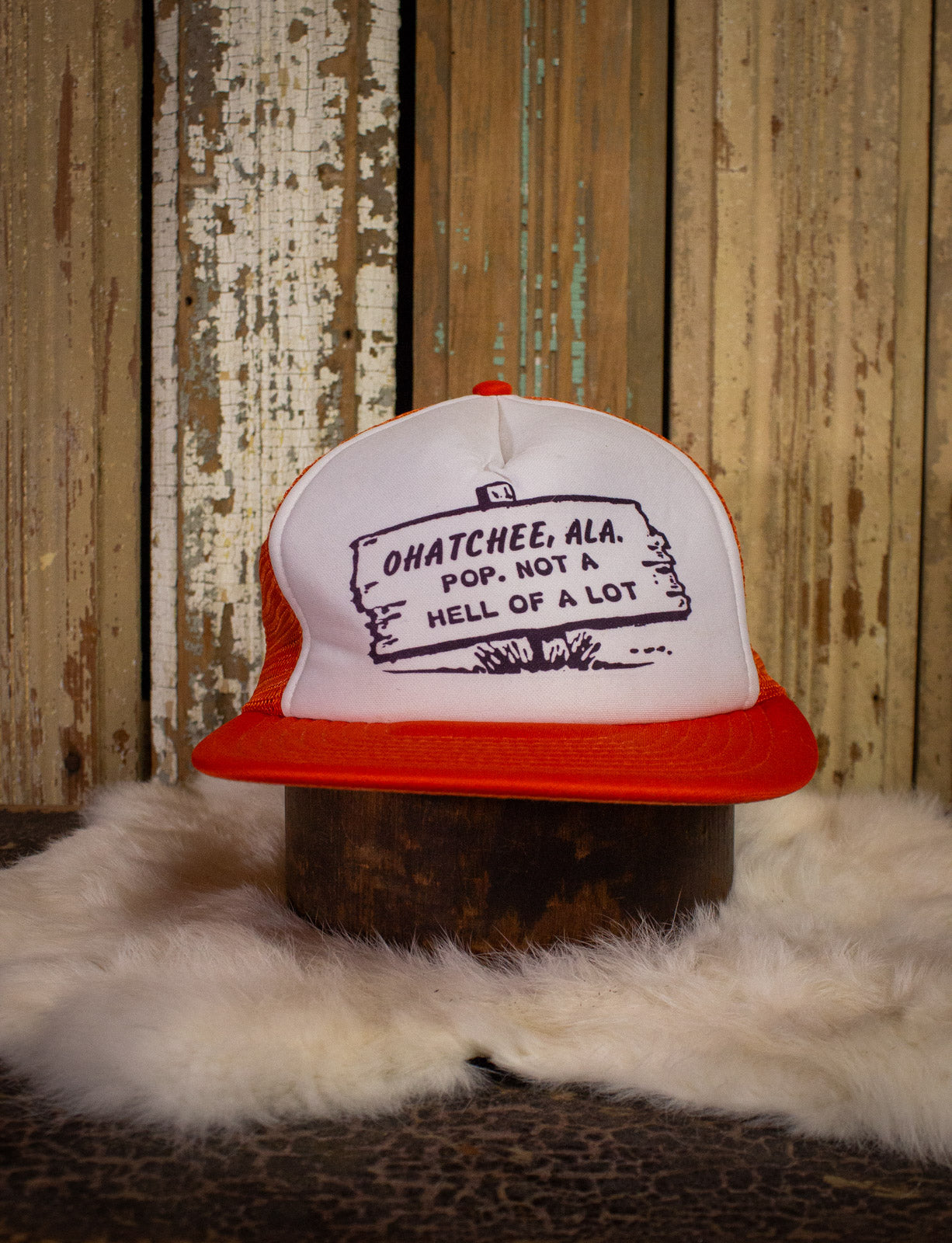 Vintage Ohatchee, Alaska "Not A Hell of A Lot" Trucker Hat Orange/White