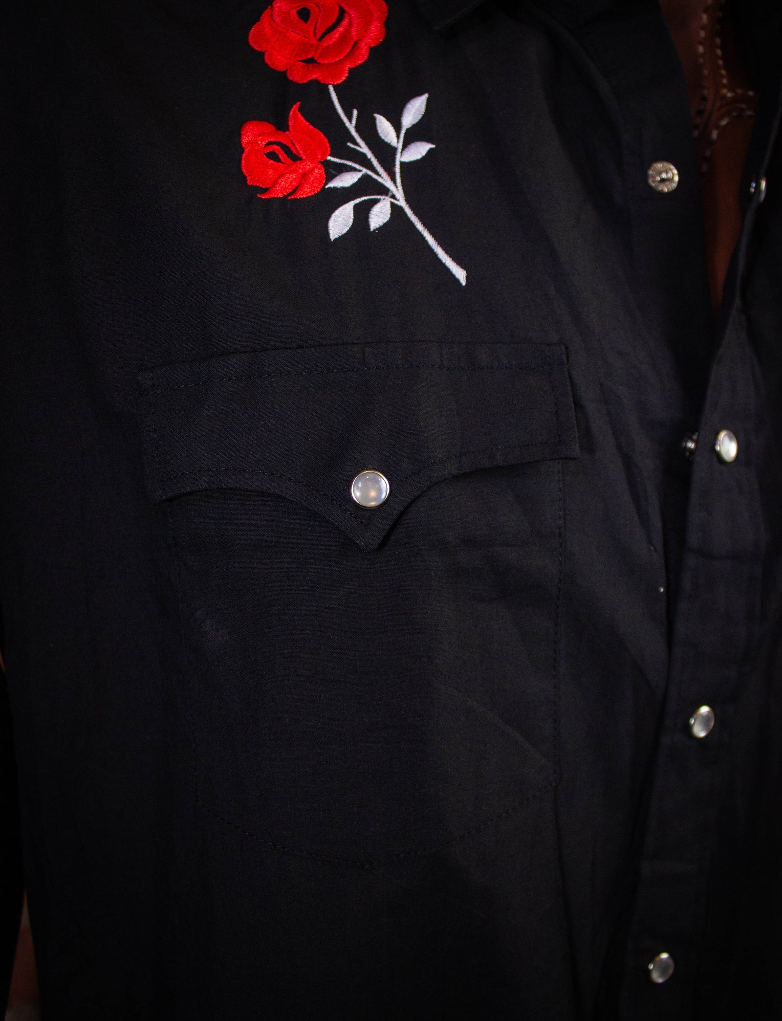Vintage High Noon Rose Embroidery Pearl Snap Western Shirt Black XL