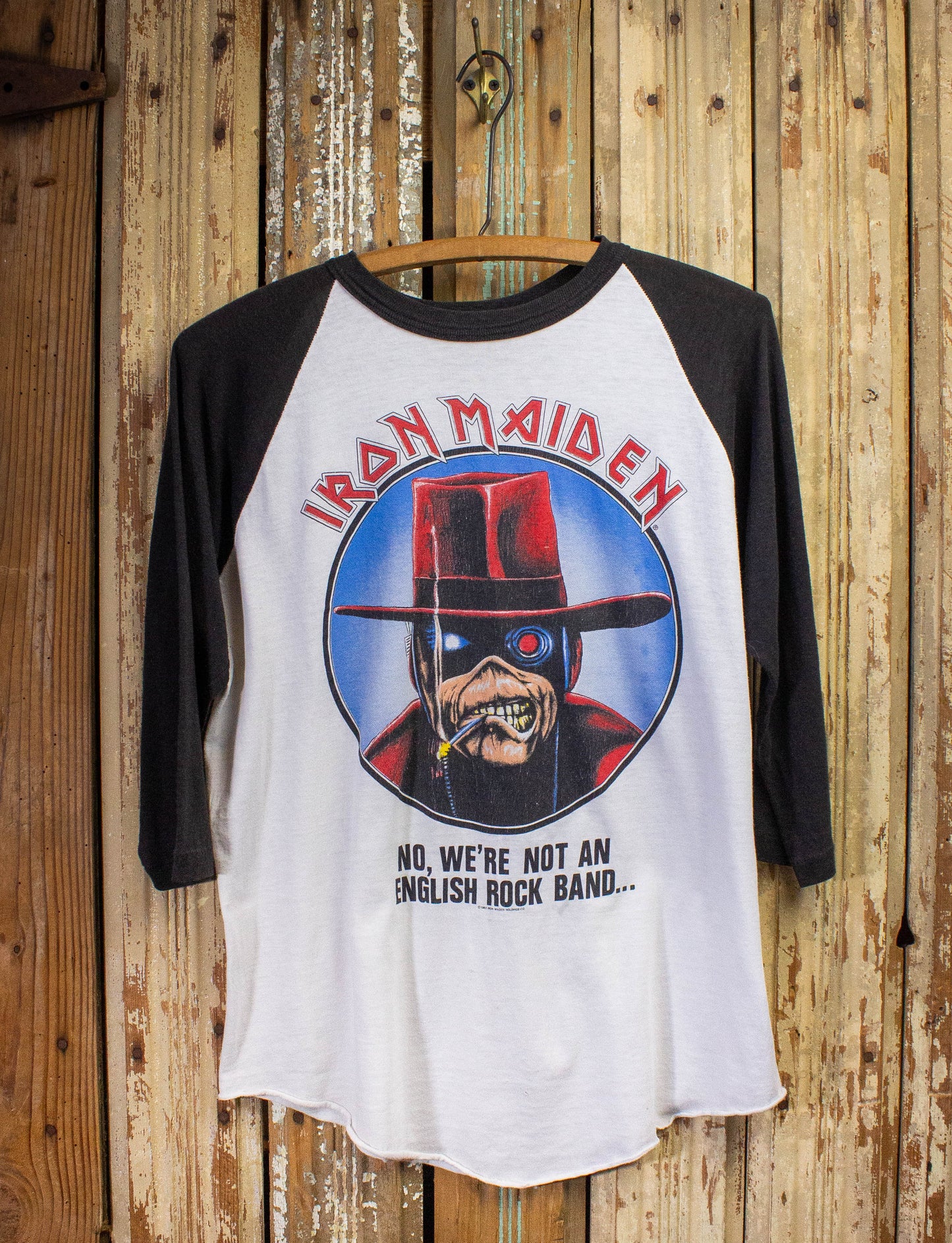 Vintage Iron Maiden No, We're Not an English Rock Band Raglan Concert T Shirt 1987 Black/White Large Large