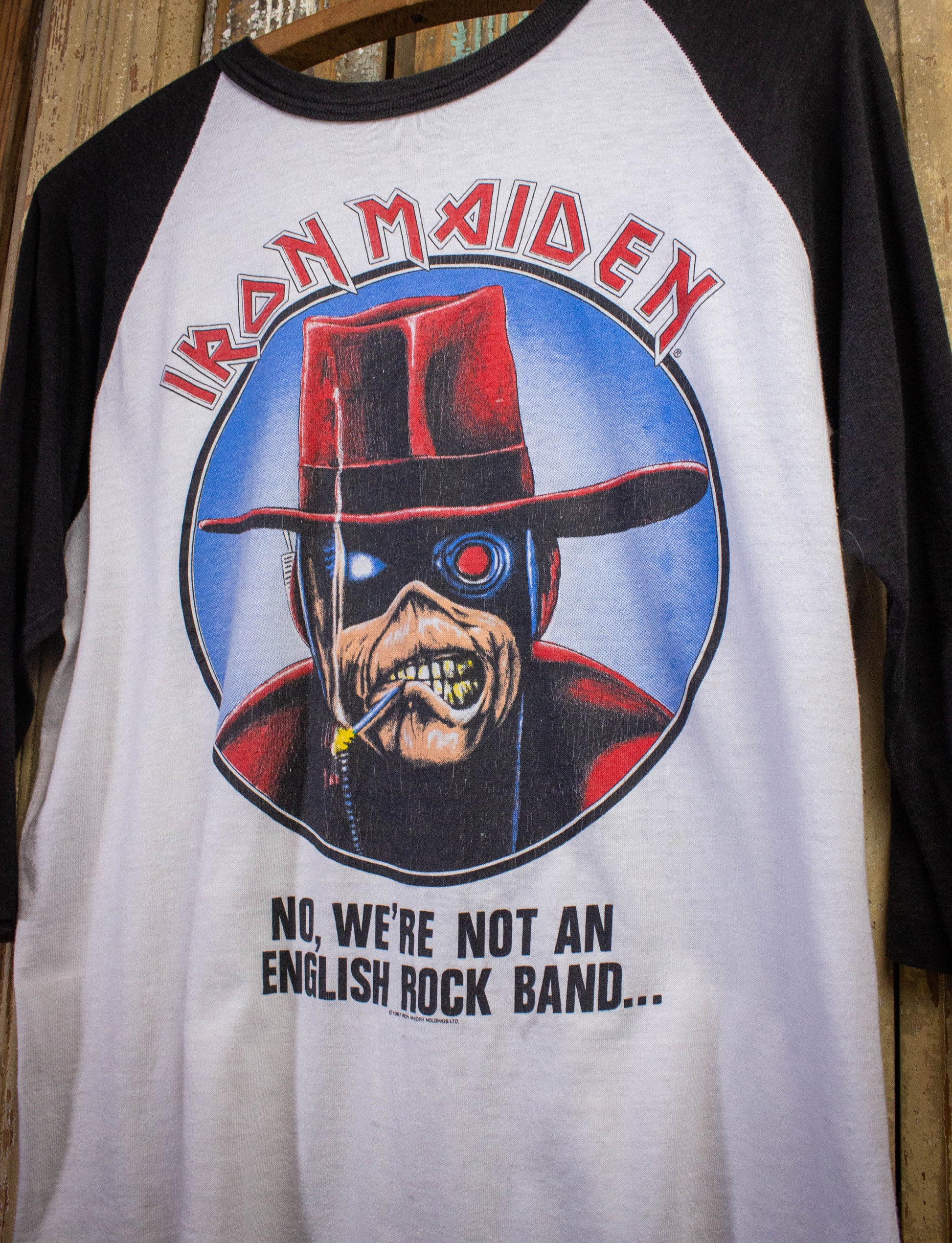 Vintage Iron Maiden No, We're Not an English Rock Band Raglan Concert T Shirt 1987 Black/White Large Large