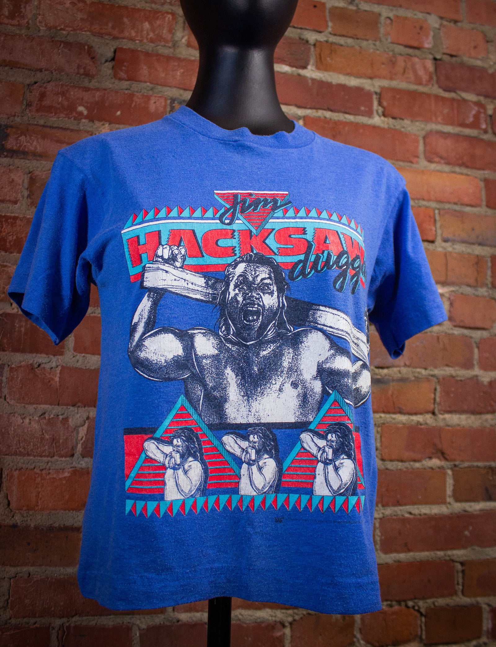 Vintage WWF Hacksaw Jim Duggan Graphic Cropped T Shirt 80s Blue XS