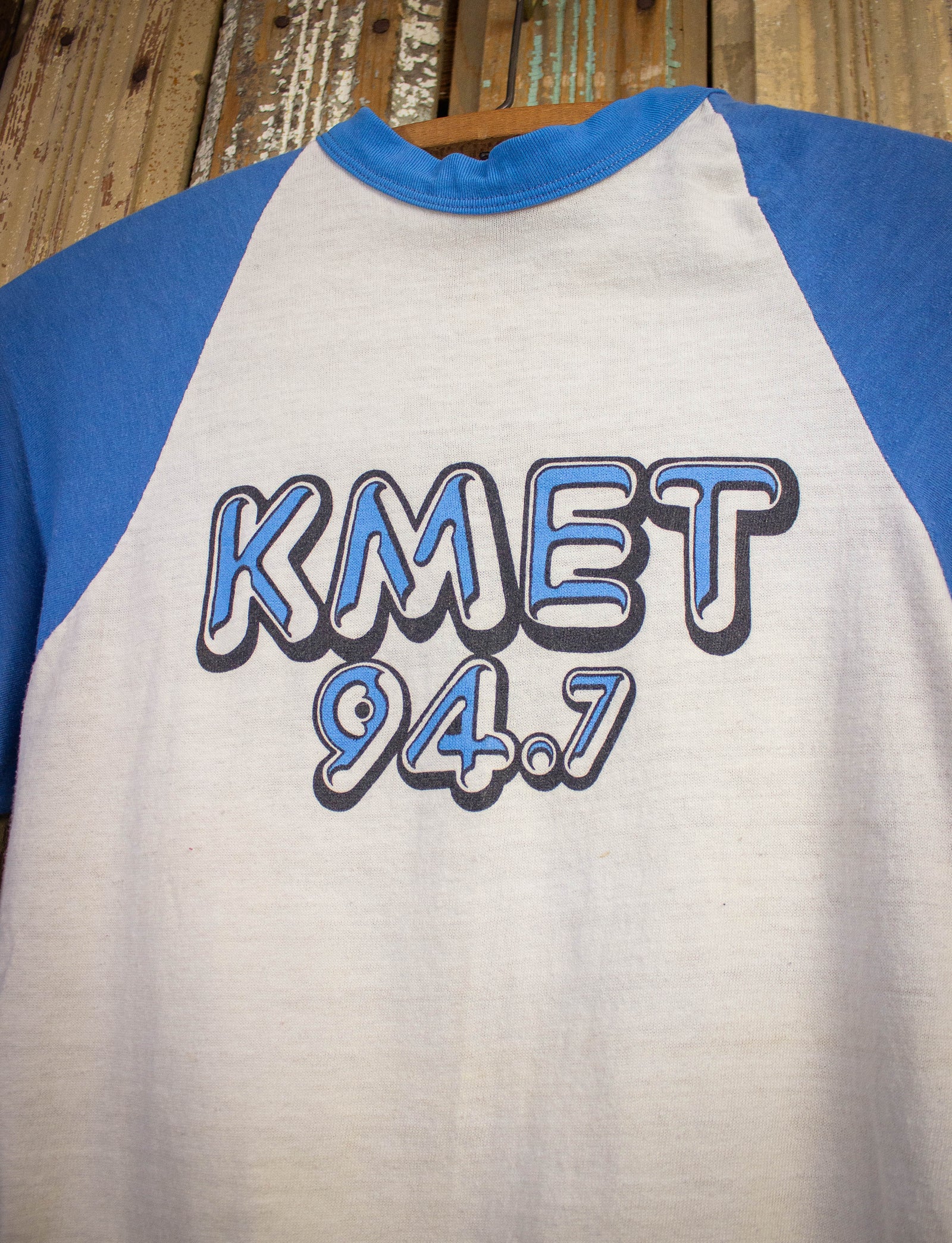Vintage KMET 94.7 Raglan Graphic T Shirt 70s White and Blue Small