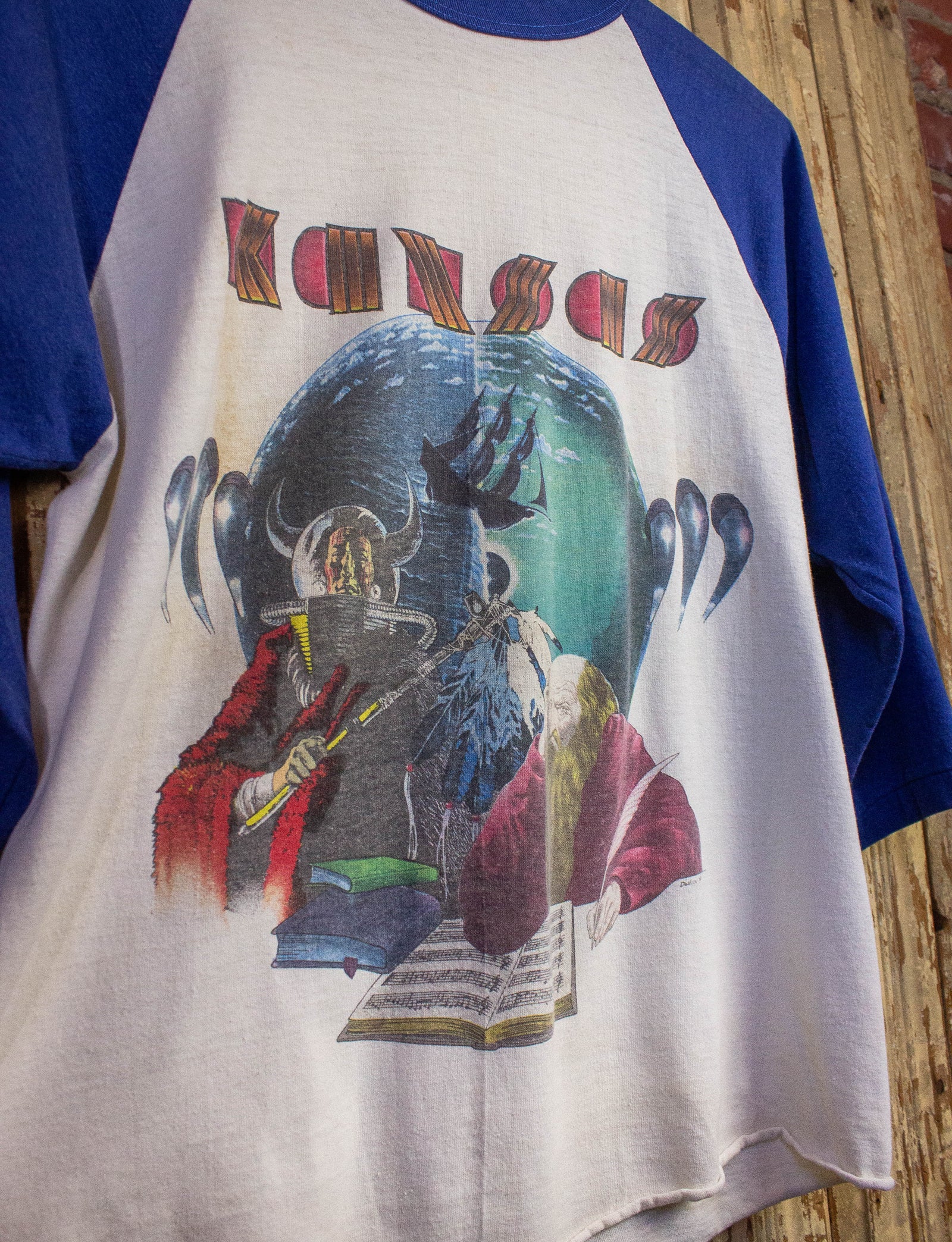 Vintage Kansas Album Artwork Compilation Raglan Concert T Shirt 1980 White/Blue Small