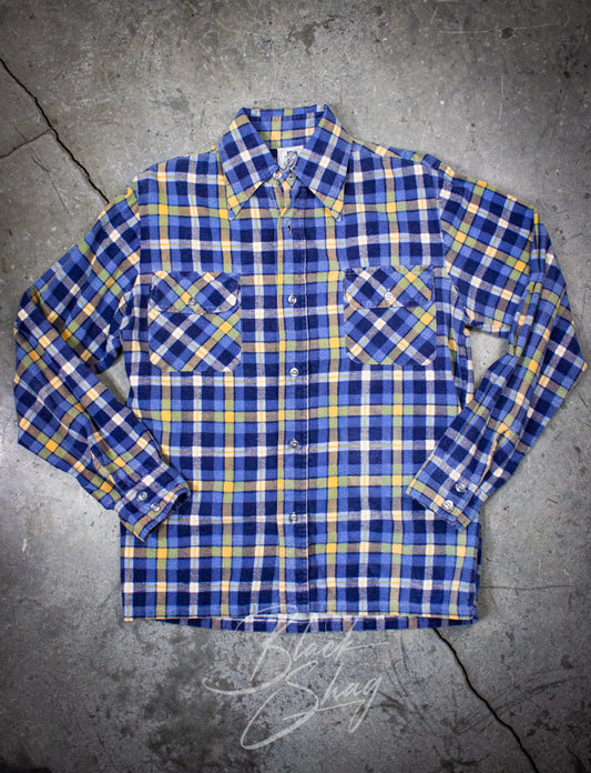 Vintage Kennington Blue and Yellow Plaid Flannel Shirt 70s Medium