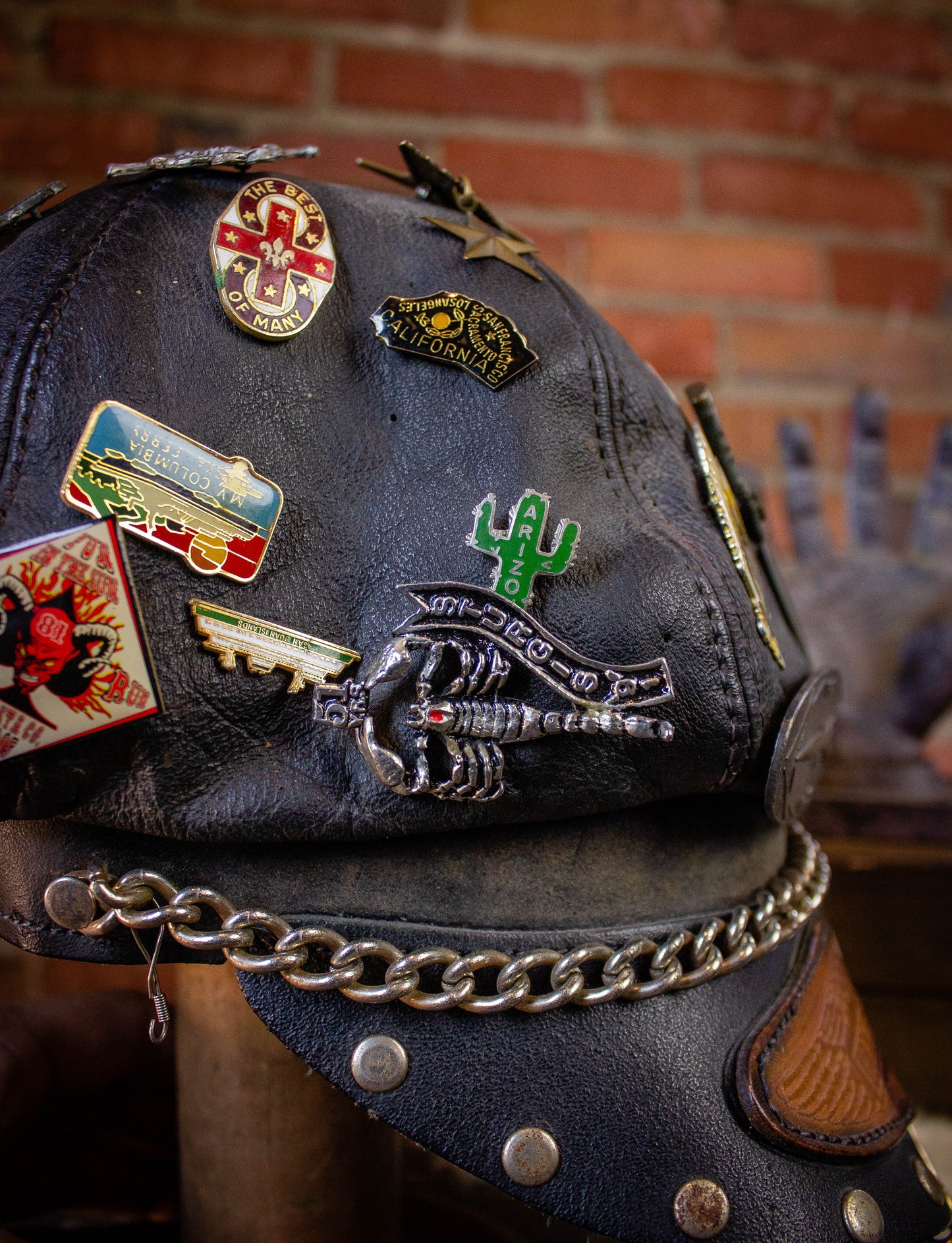 Vintage Harley Davidson Leather Biker Hat with Pins 70s/80s Black