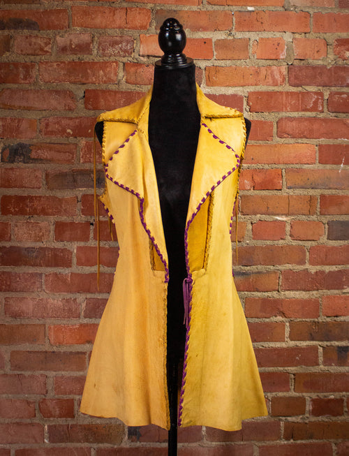 Vintage Leather Vest with Purple Stitching 70s Tan Small