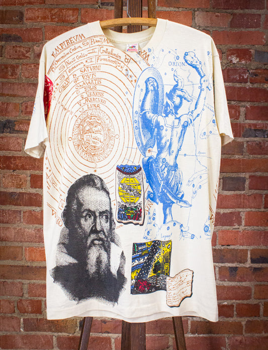 Vintage Leonardo Da Vinci AOP Graphic T Shirt 90s Tan Large