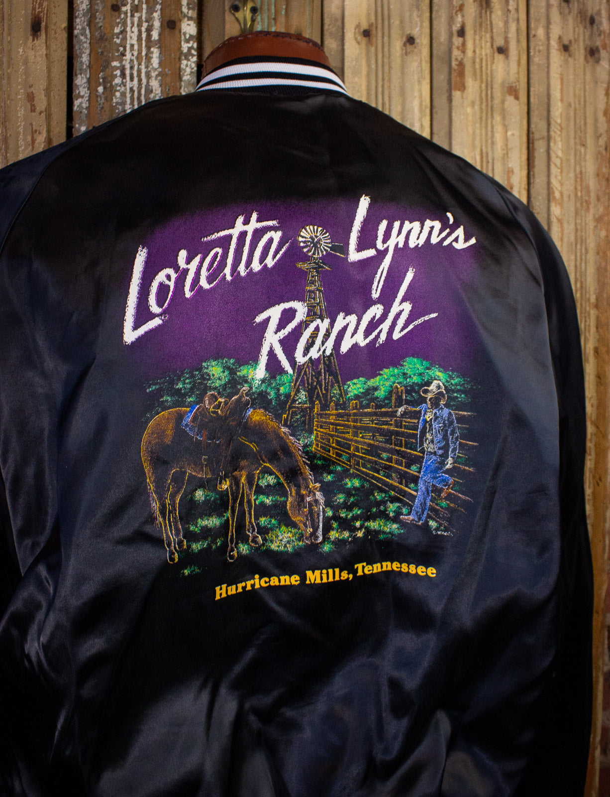 Vintage Loretta Lynn's Ranch Nylon Bomber Jacket 80s Black XL