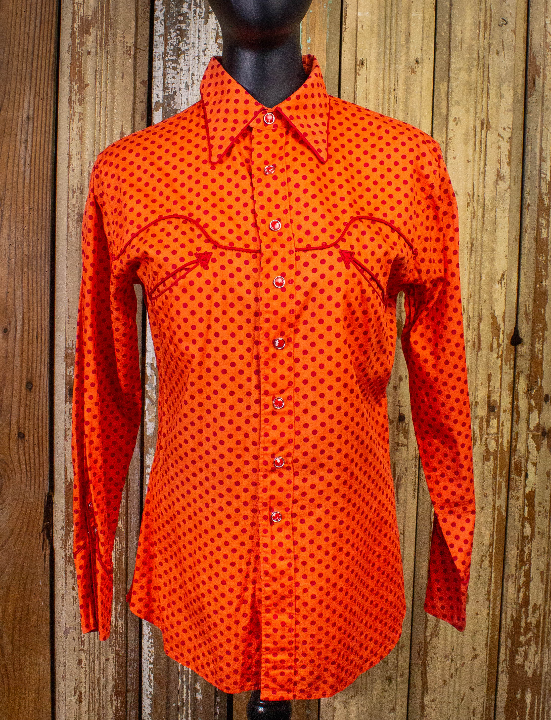 Vintage McClure's Polka Dot Pearl Snap Western Shirt 60s Red/Orange Small